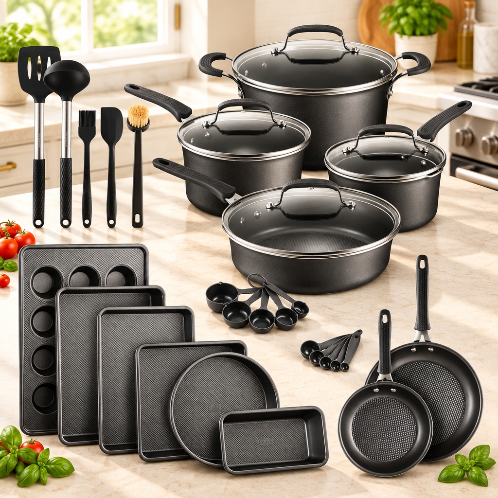 Bakken 23-Piece Cookware & Bakeware Set, Plaid Nonstick, Black, styled in a kitchen