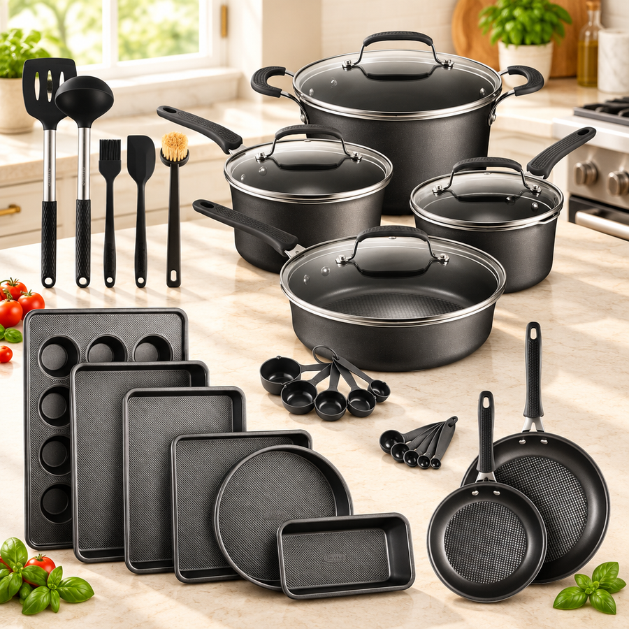Bakken 23-Piece Cookware & Bakeware Set, Plaid Nonstick, Black, styled in a kitchen