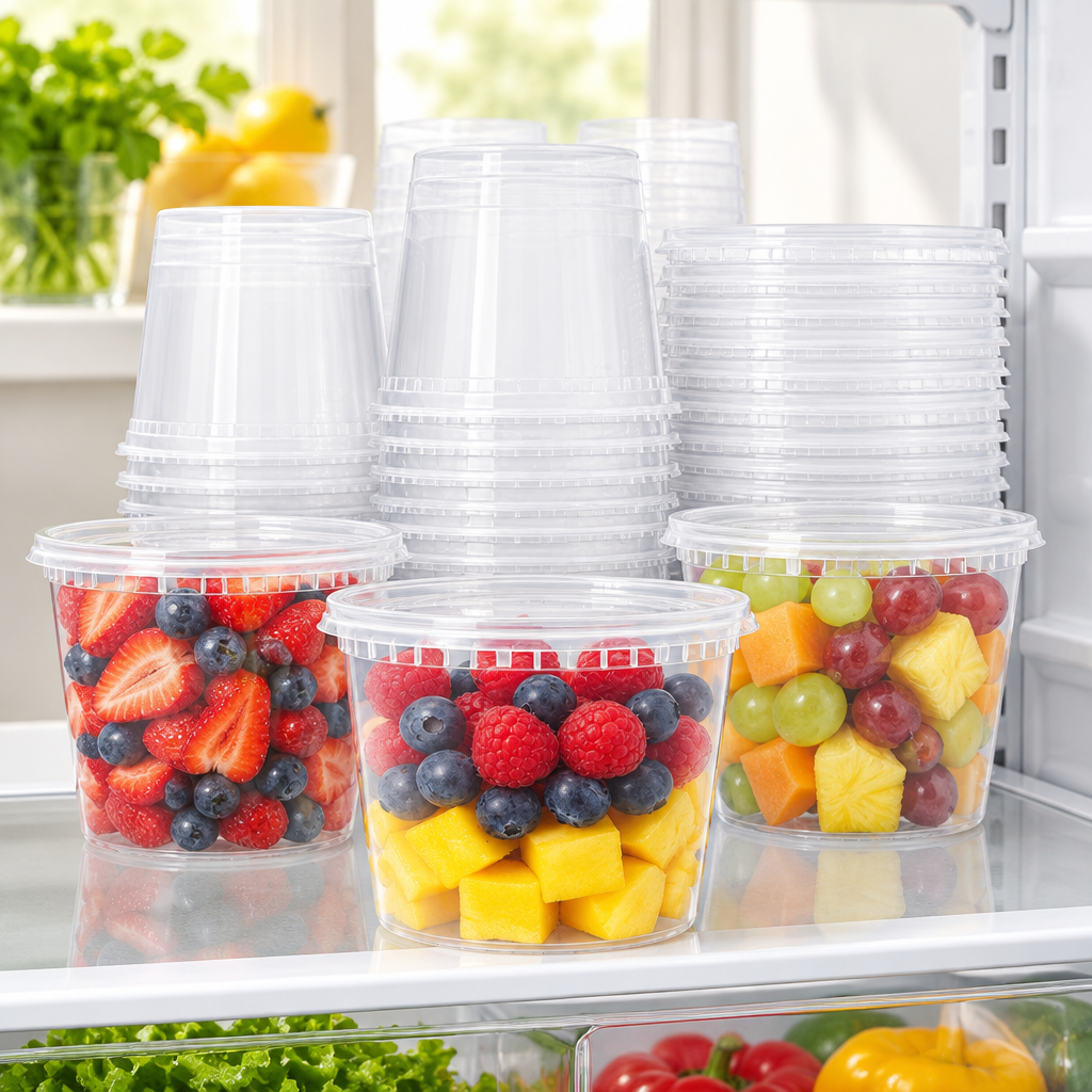 Bakken 24 oz Deli Containers with Lids, styled in a kitchen