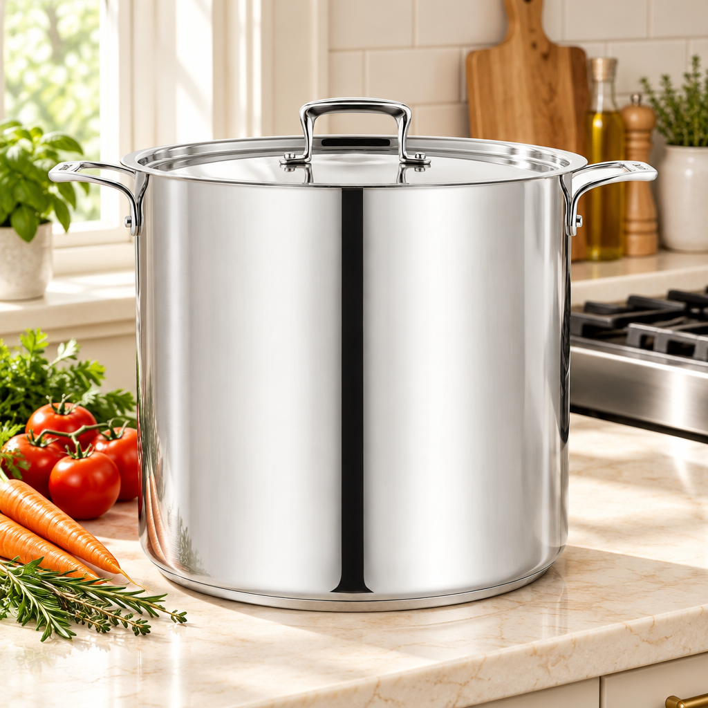 Bakken 24 QT Stainless Steel Stockpot, 18/8 Steel, styled in a kitchen