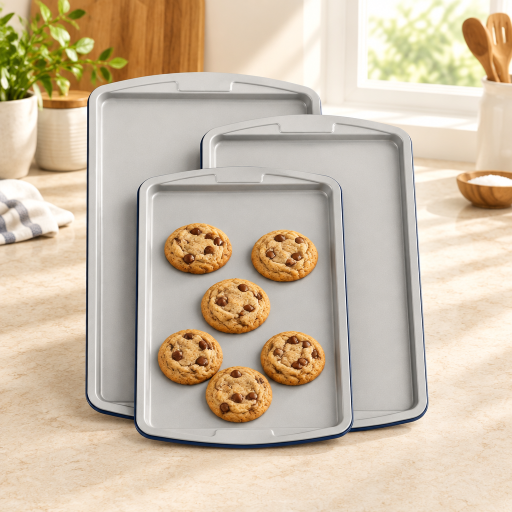 Bakken 3-Piece Cookie Sheet Set, Blue, styled in a kitchen