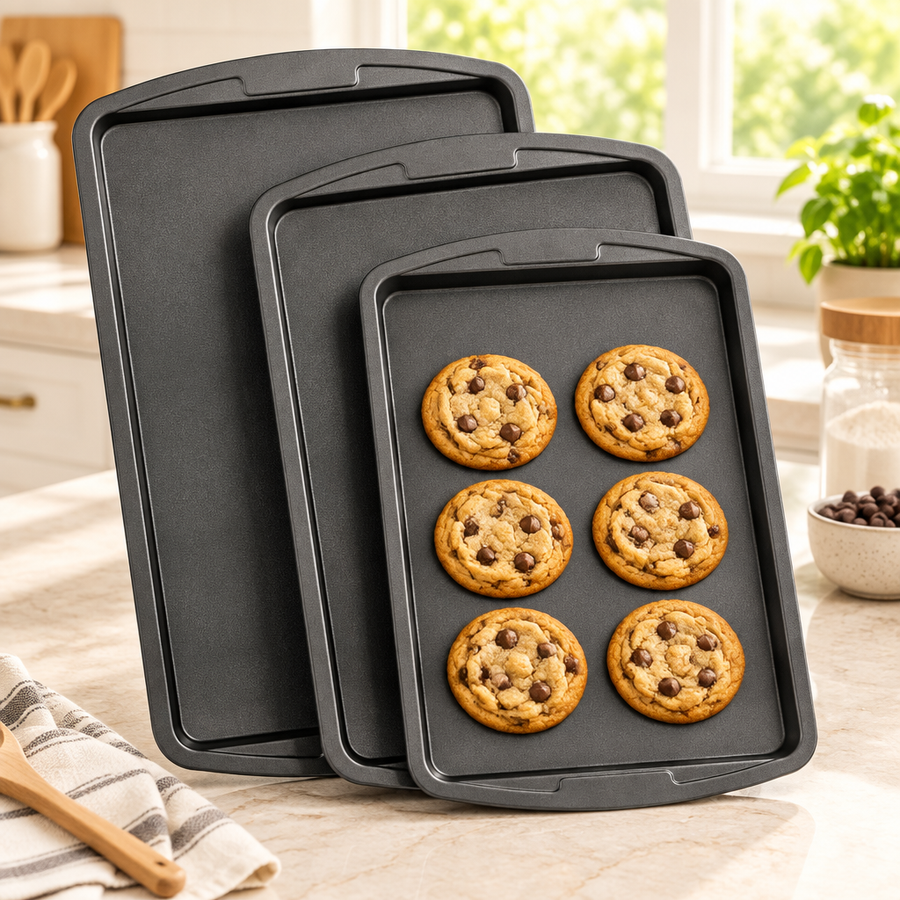 Bakken 3-Piece Cookie Sheet Set, Ceramic Nonstick, Gray, styled in a kitchen