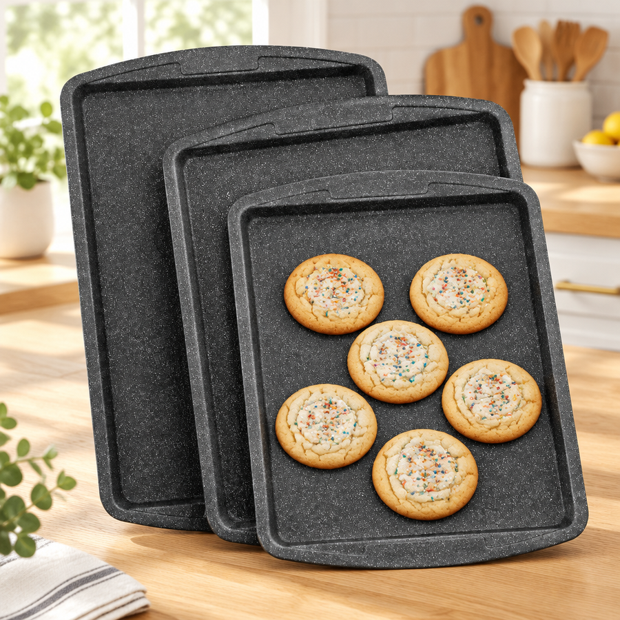 Bakken 3-Piece Cookie Sheet Set, Ceramic Nonstick, Gray Marble, styled in a kitchen