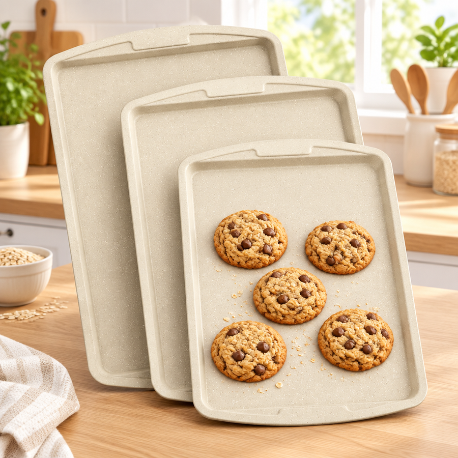 Bakken 3-Piece Cookie Sheet Set, Ceramic Nonstick, White Marble, styled in a kitchen