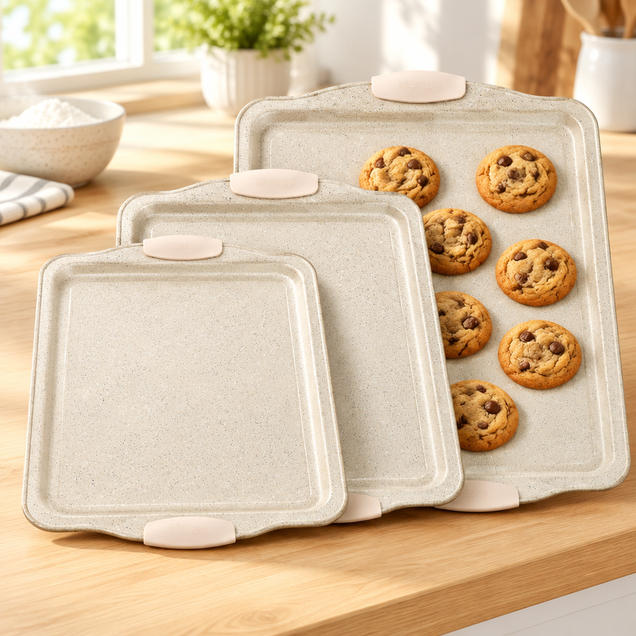 Bakken 3-Piece Cookie Sheet Set, White Marble, styled in a kitchen