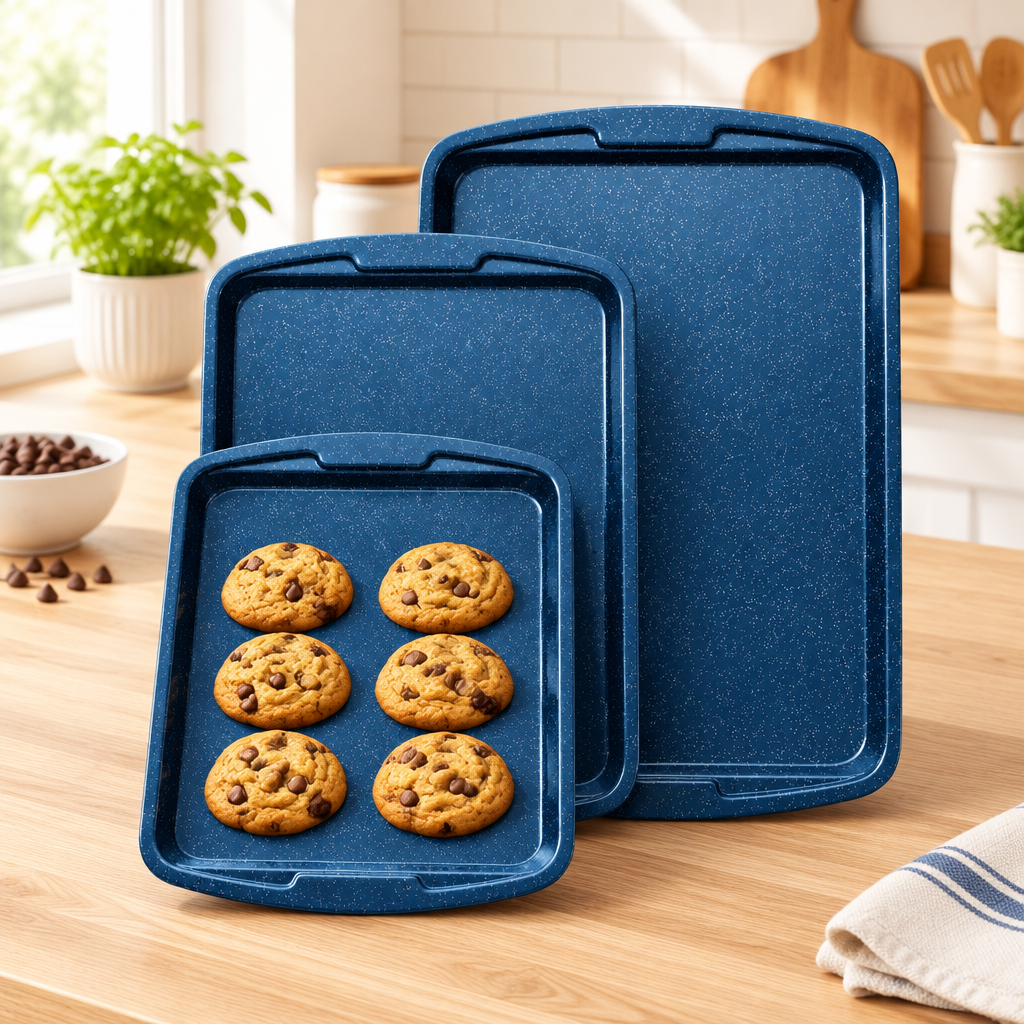 Bakken 3-Piece Stackable Cookie Sheet Set, Blue Marble, styled in a kitchen
