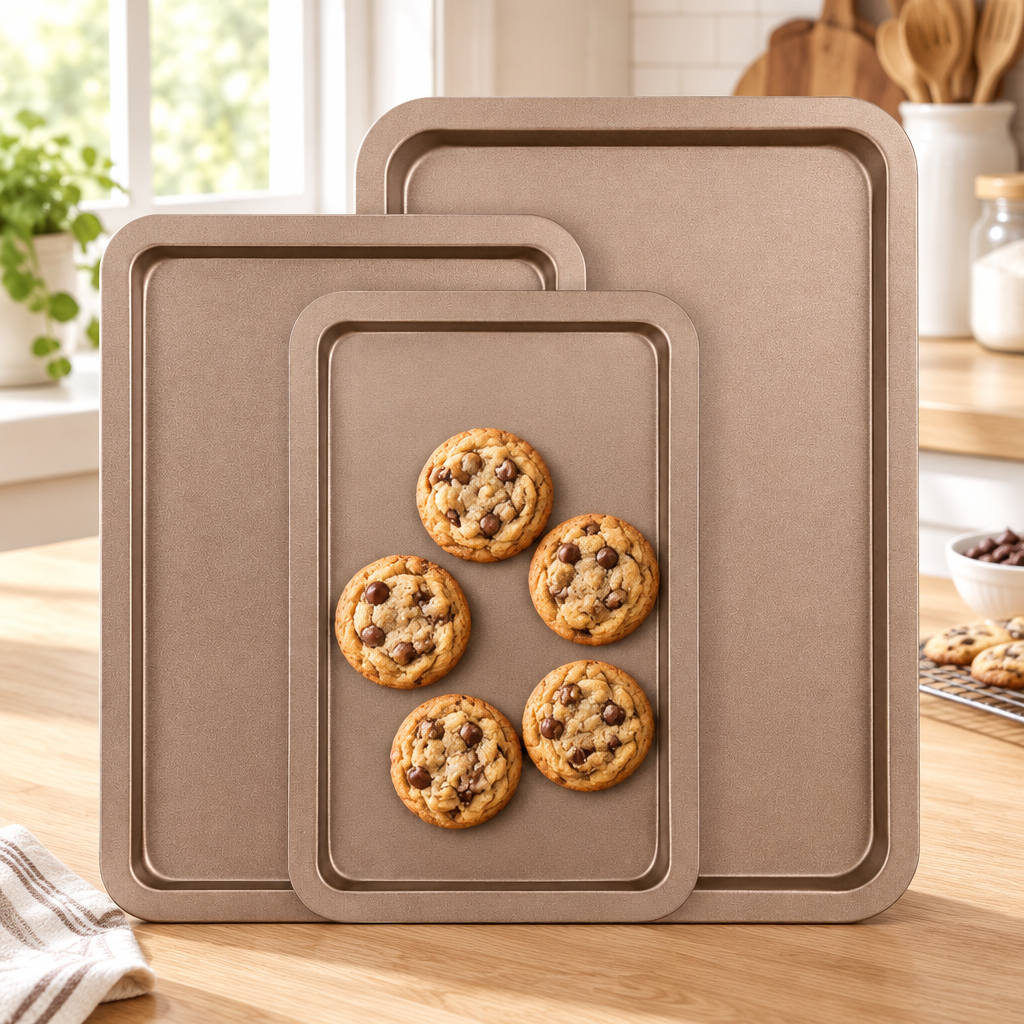 Bakken 3-Piece Stackable Cookie Sheet Set, Brown, styled in a kitchen