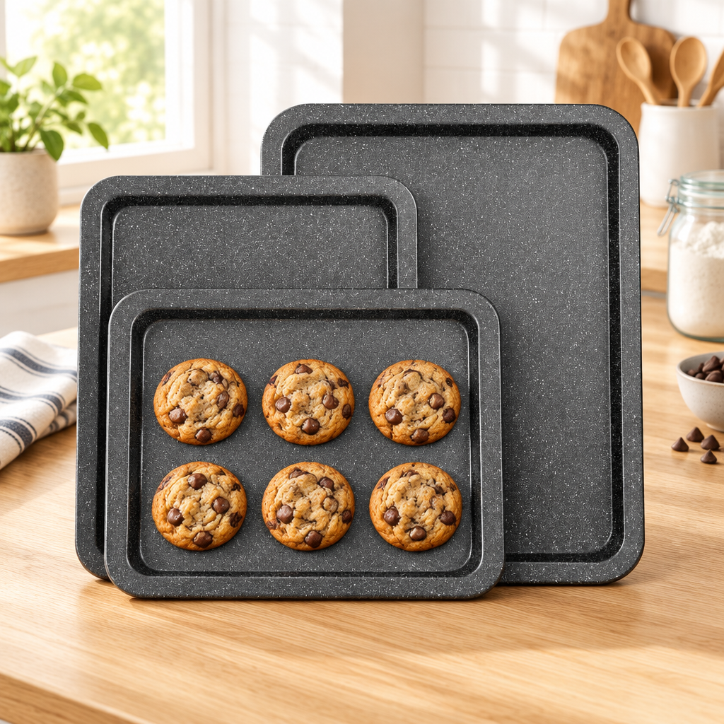 Bakken 3-Piece Stackable Cookie Sheet Set, Gray Marble, styled in a kitchen