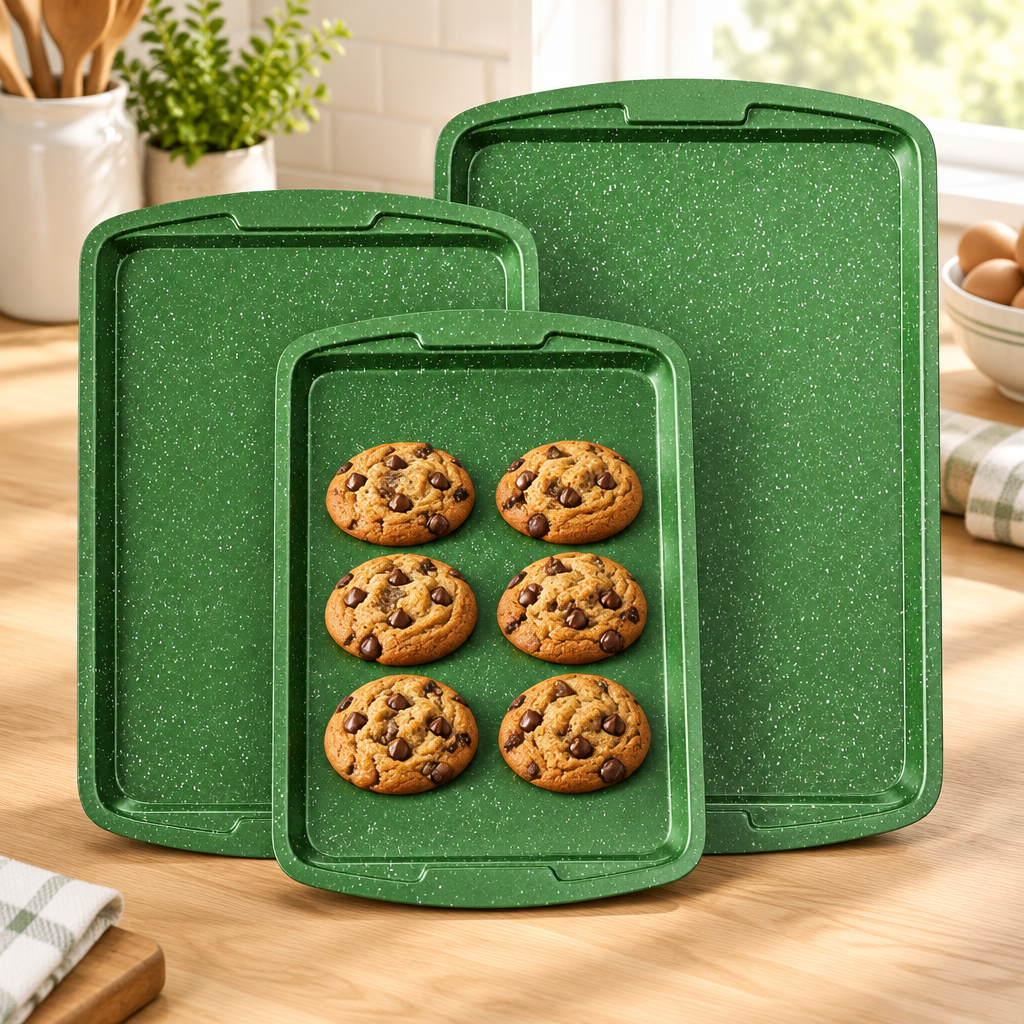 Bakken 3-Piece Stackable Cookie Sheet Set, Green Marble, styled in a kitchen
