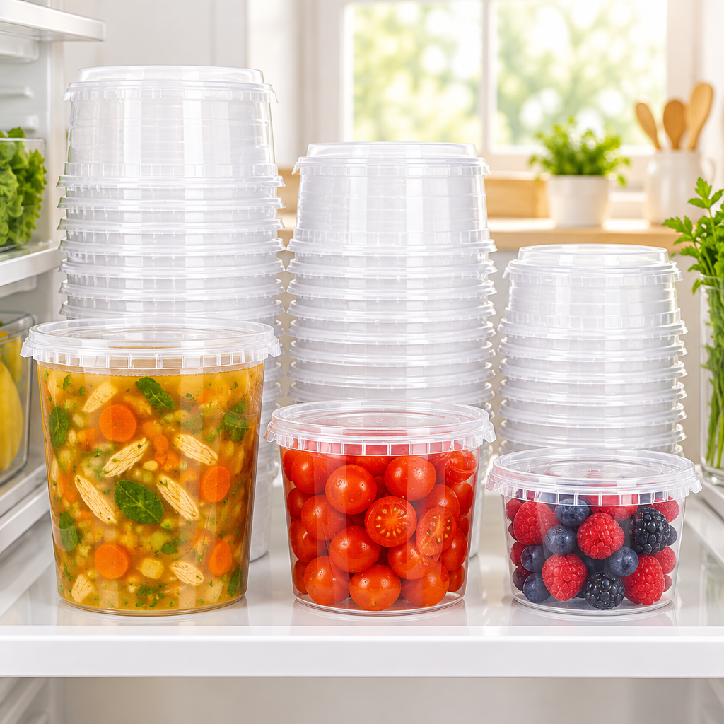 Bakken 32/16/8 oz Combo Deli Containers with Lids, styled in a kitchen