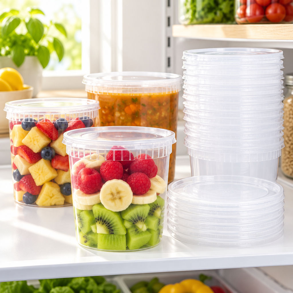 Bakken 32 oz Deli Containers with Lids, 12-Pack, styled in a kitchen