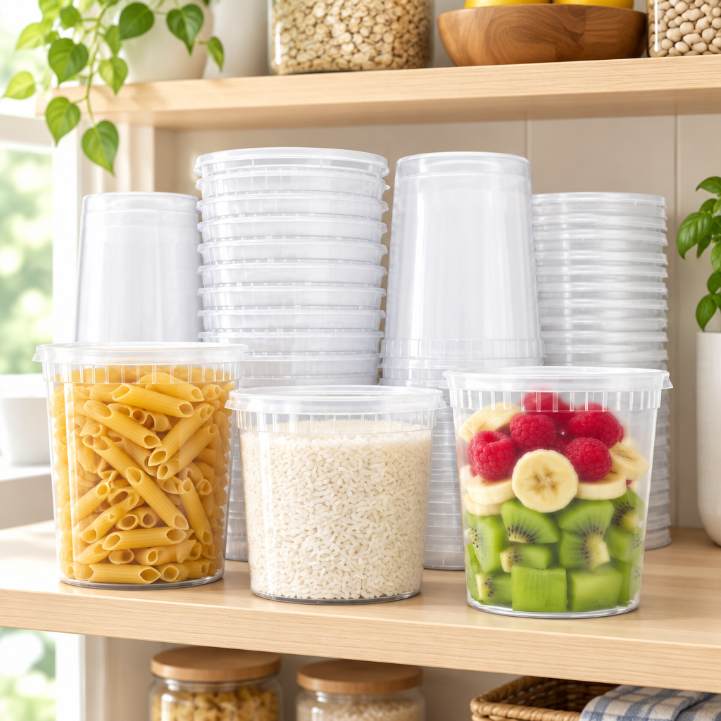 Bakken 32 oz Deli Containers with Lids, 24-Pack, styled in a kitchen