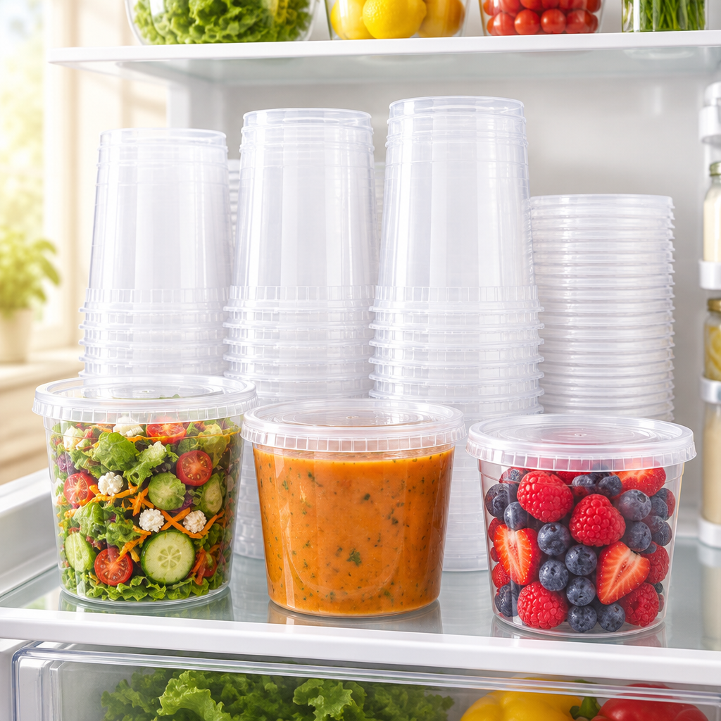 Bakken 32 oz Deli Containers with Lids, 48-Pack, styled in a kitchen