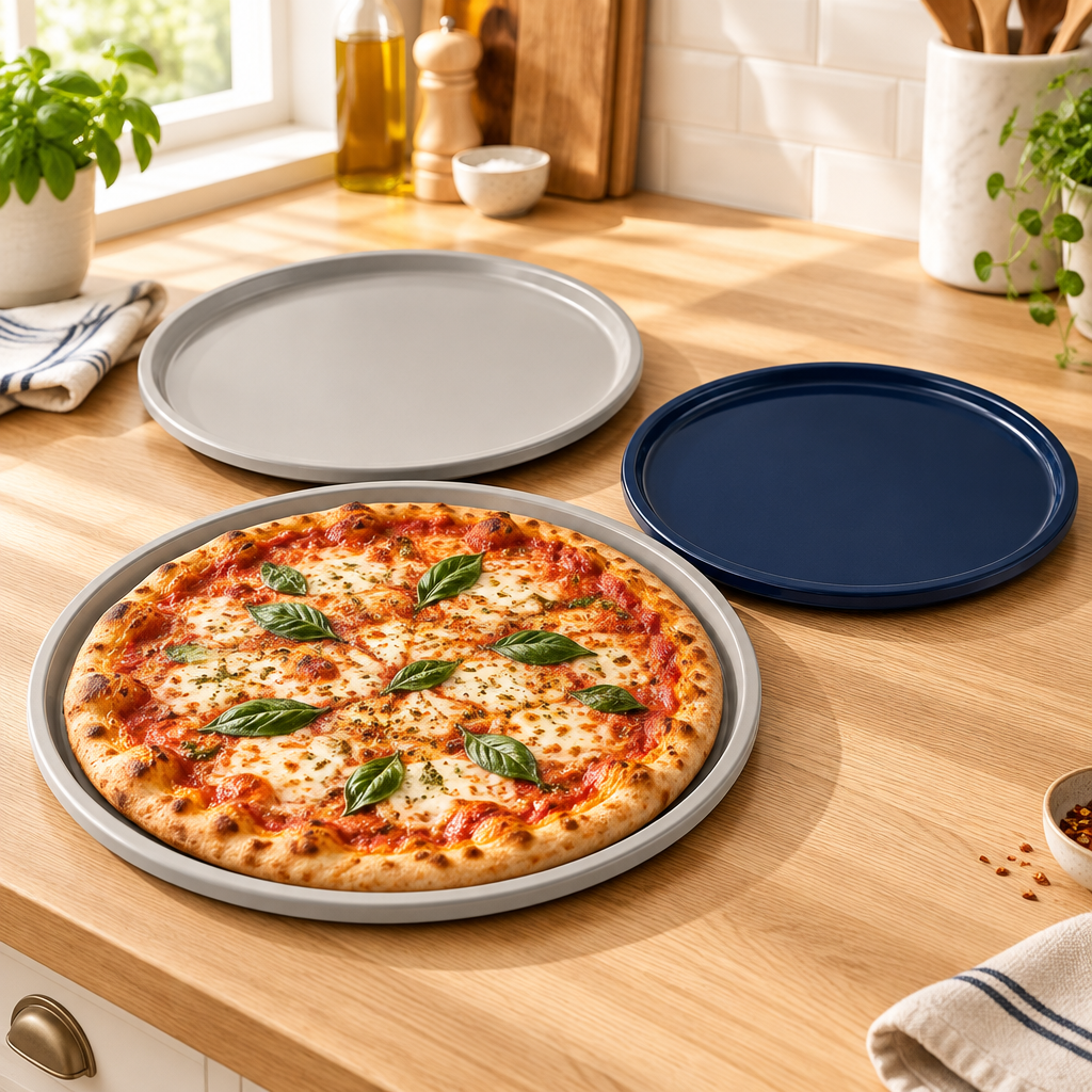 Bakken 3-Piece Pizza Pan Set, Gray, styled in a kitchen