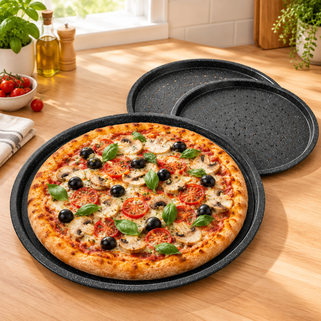 Bakken 3-Piece Pizza Pan Set, Gray Marble, styled in a kitchen