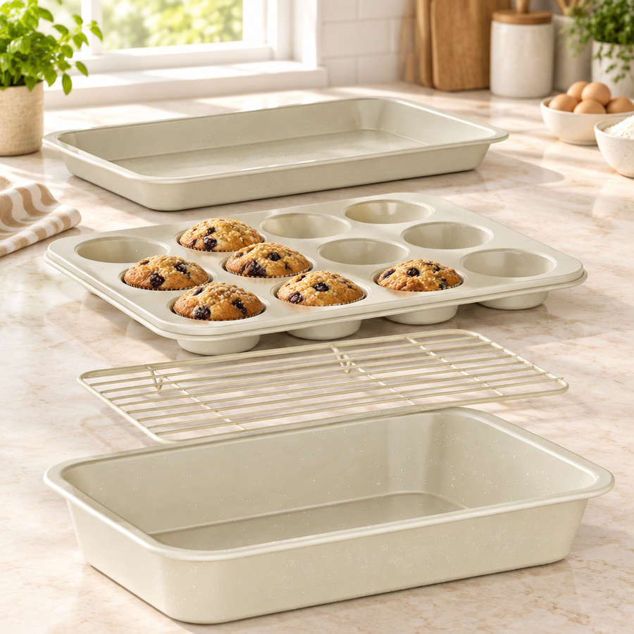 Bakken 4-Piece Bakeware Set, Carbon Steel, styled in a kitchen