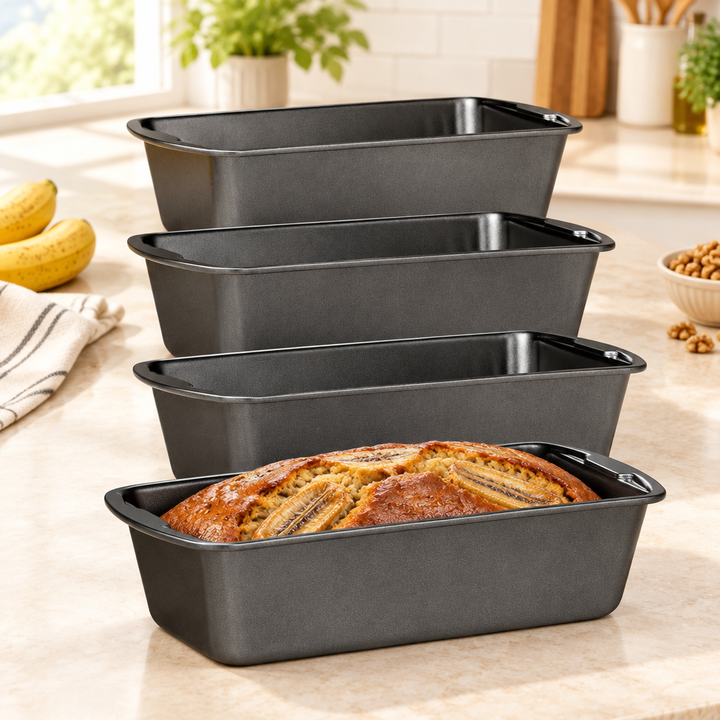 Bakken 4-Piece Loaf Pan Set, Carbon Steel, Gray, styled in a kitchen