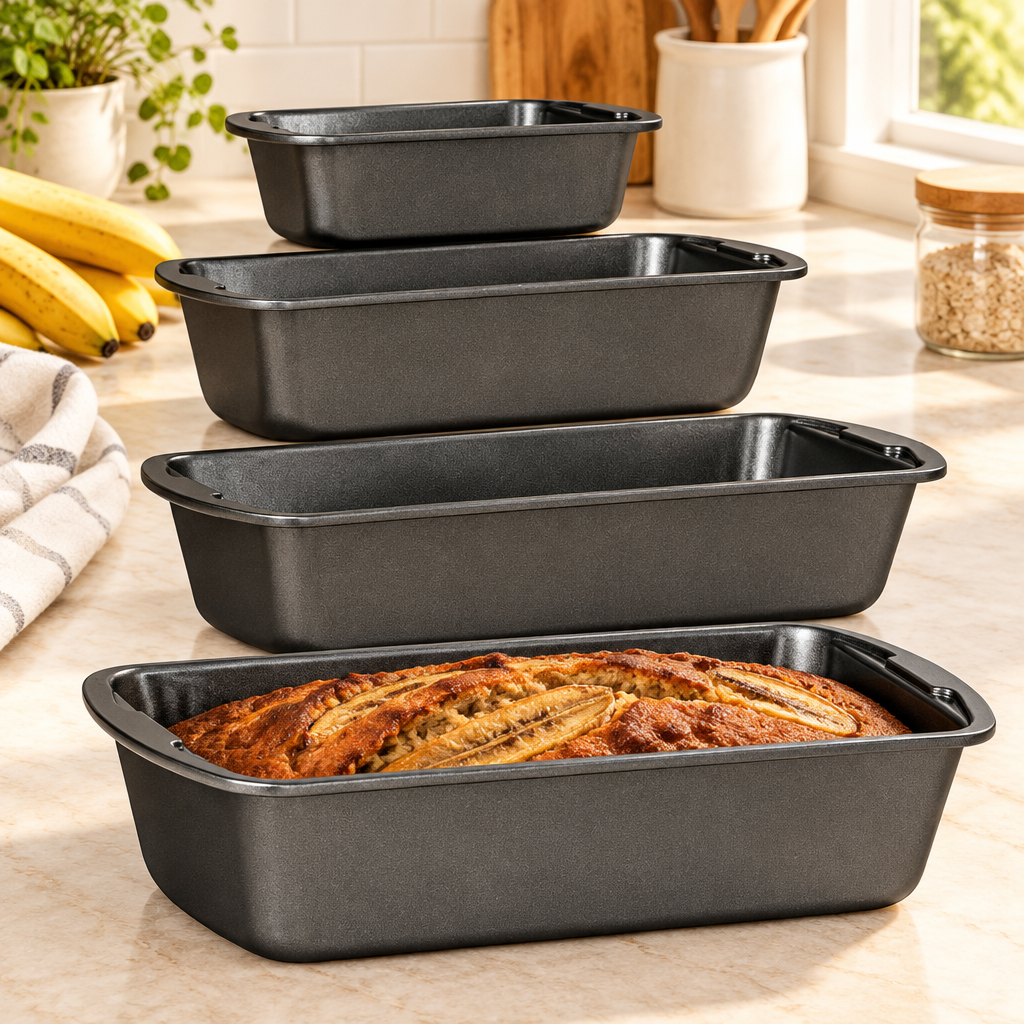 Bakken 4-Piece Loaf Pan Set, Carbon Steel, Gray, styled in a kitchen