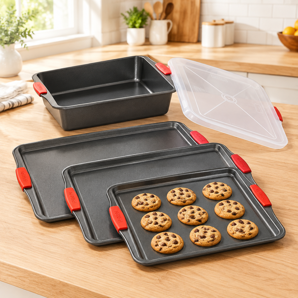 Bakken 5-Piece Sheet Pan & Roaster Set, Gray, styled in a kitchen