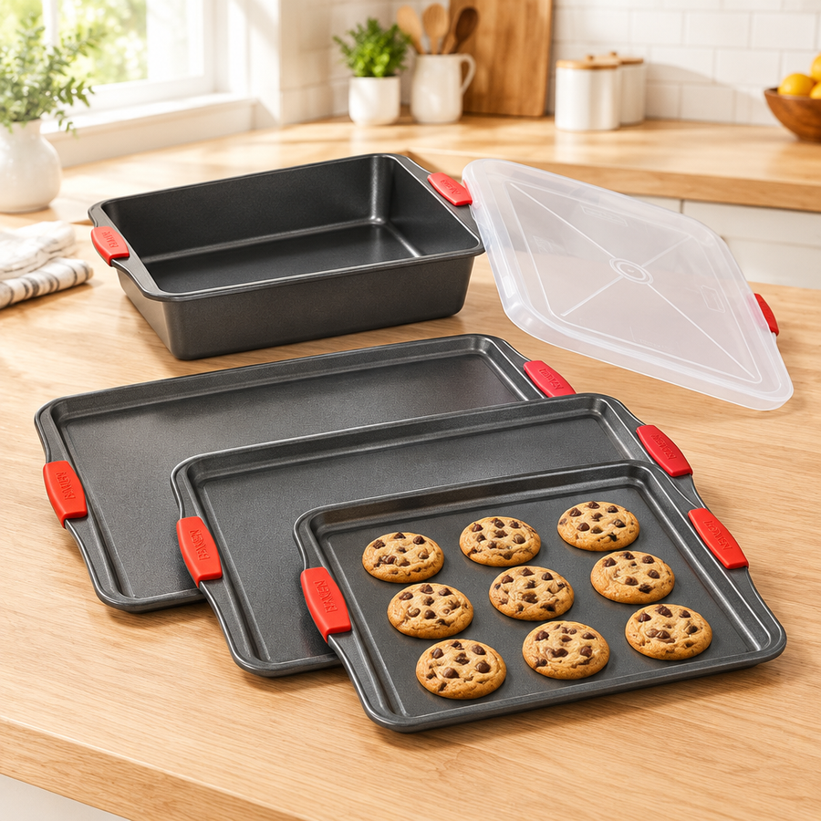 Bakken 5-Piece Sheet Pan & Roaster Set, Gray, styled in a kitchen