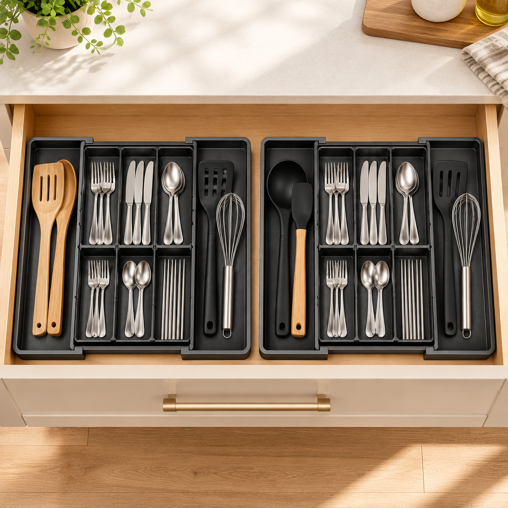 Bakken 5-Slot Expandable Drawer Organizer, 2-Pack, Black, styled in a kitchen