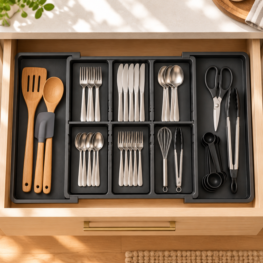 Bakken 5-Slot Expandable Drawer Organizer, Black, styled in a kitchen