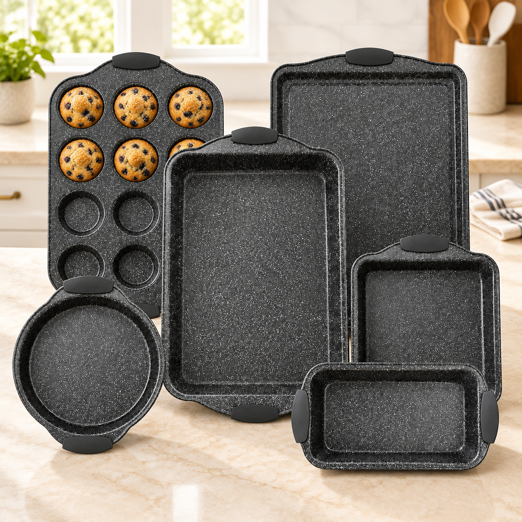 Bakken 6-Piece Bakeware Set, Gray Marble, styled in a kitchen