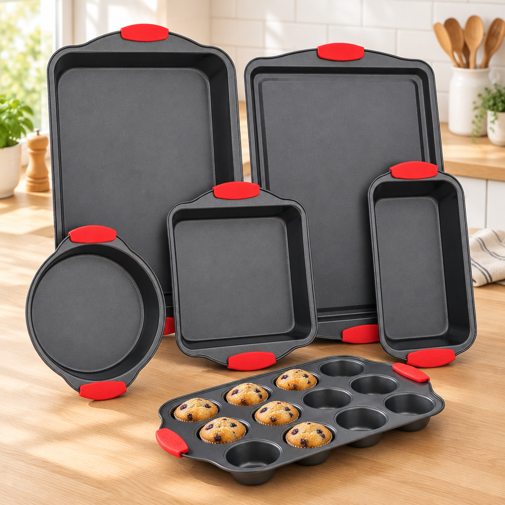 Bakken 6-Piece Bakeware Set, Gray with Red Handles, styled in a kitchen