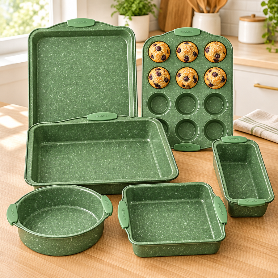 Bakken 6-Piece Bakeware Set, Green Marble, styled in a kitchen