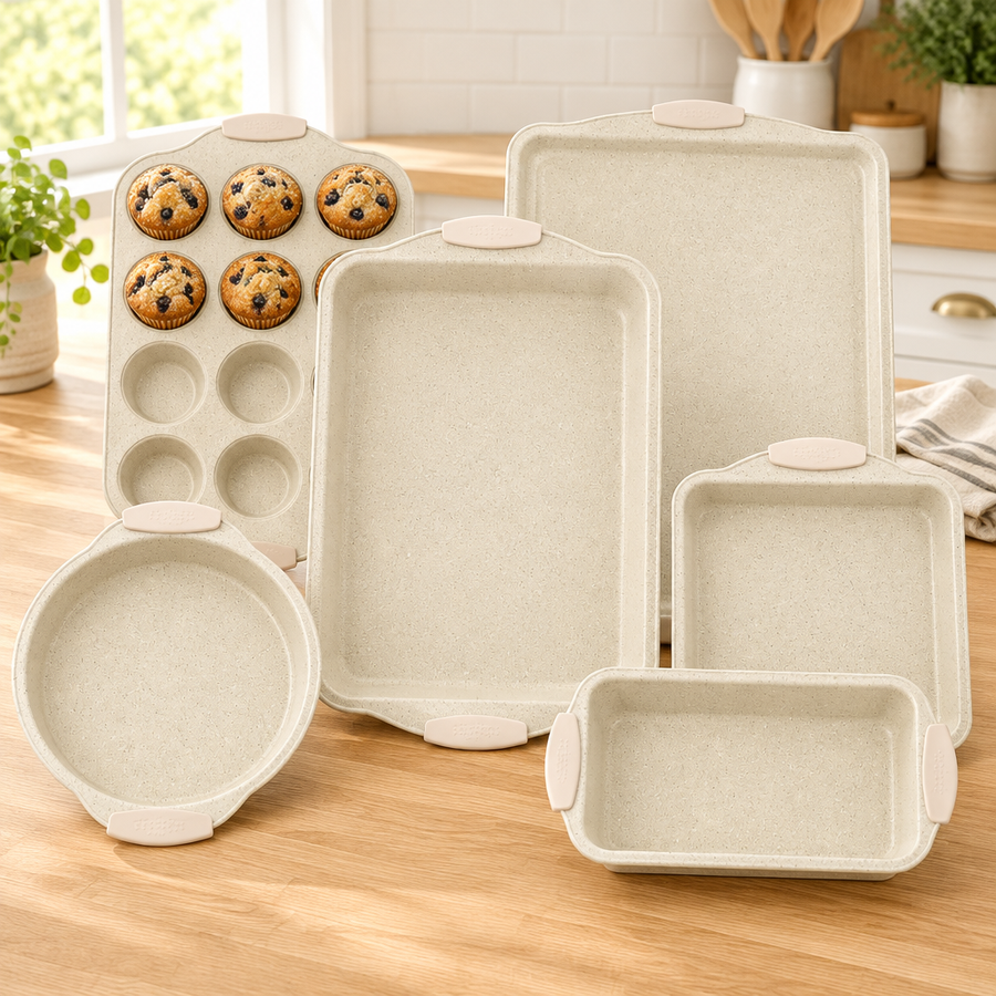 Bakken 6-Piece Bakeware Set, White Marble, styled in a kitchen