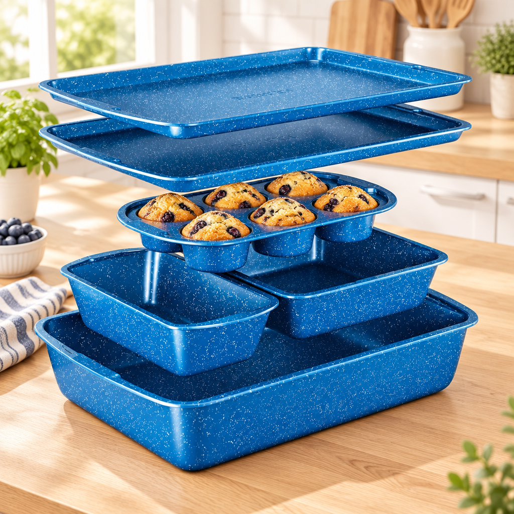 Bakken 6-Piece Stackable Bakeware Set, Blue Marble, styled in a kitchen