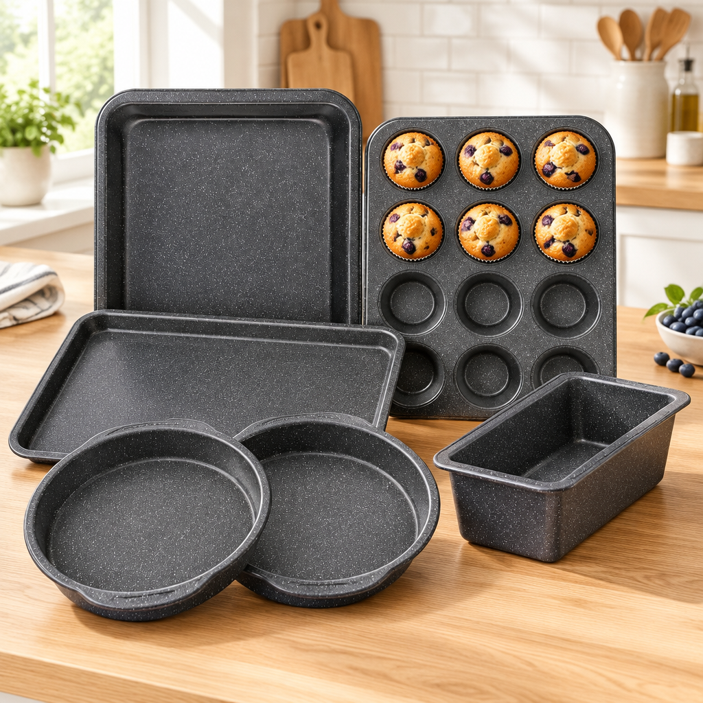 Bakken 6-Piece Stackable Bakeware Set, Gray Marble, styled in a kitchen