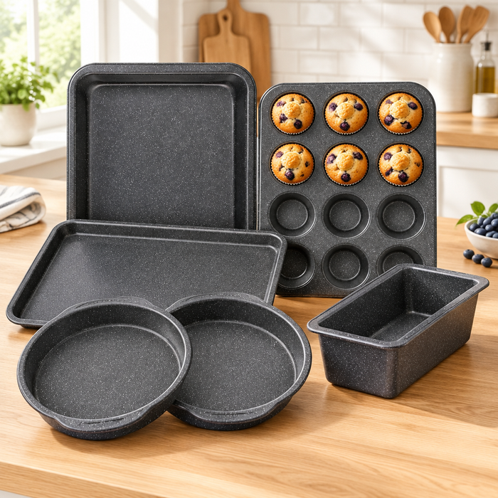 Bakken 6-Piece Stackable Bakeware Set, Gray Marble, styled in a kitchen