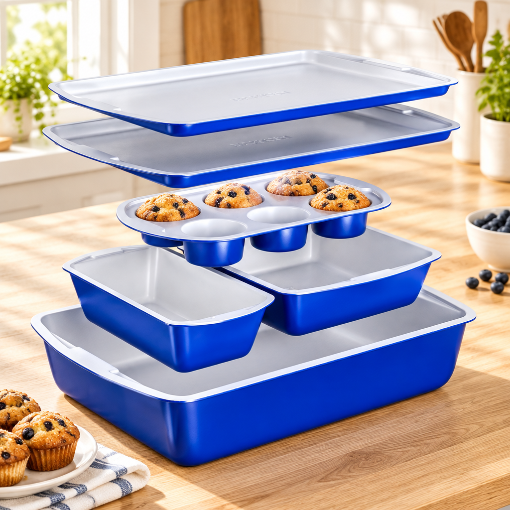 Bakken 6-Piece Stackable Bakeware Set, Royal Blue, styled in a kitchen