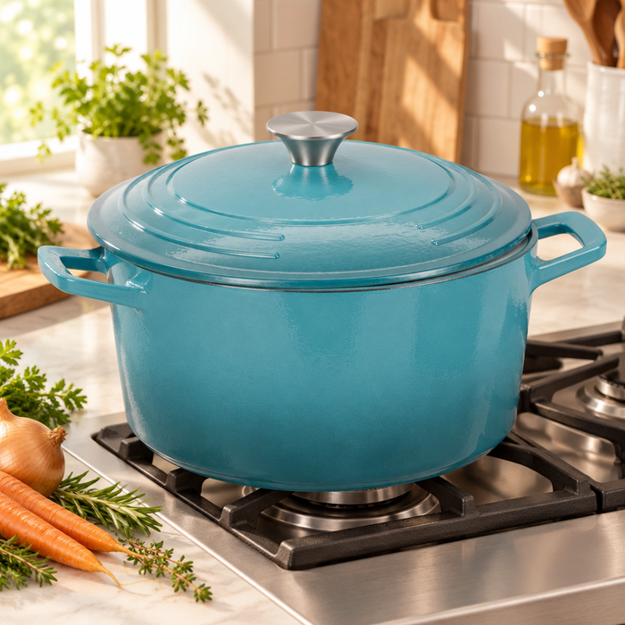Bakken 6 QT Enameled Cast Iron Dutch Oven, styled in a kitchen
