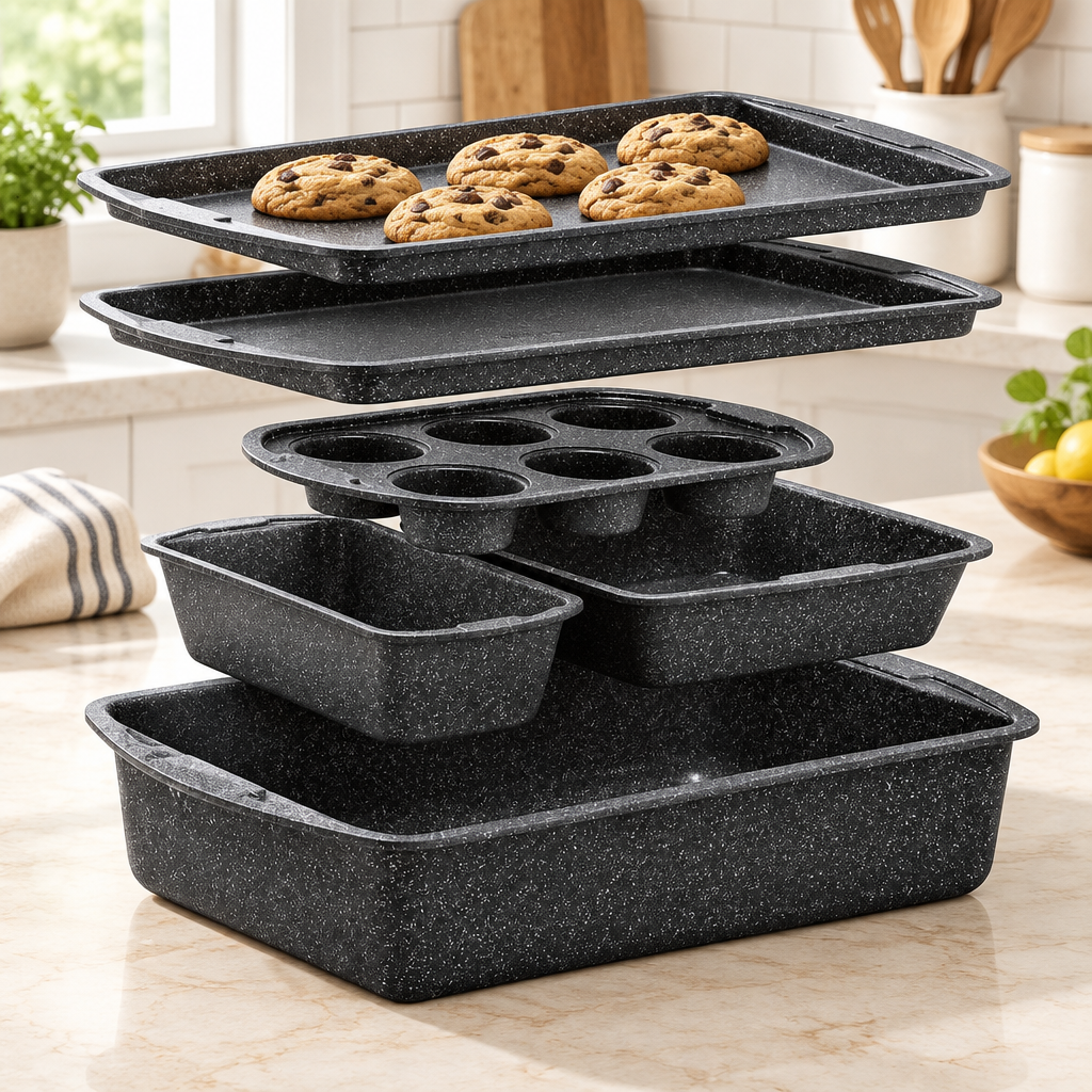 Bakken 6-Piece Stackable Bakeware Set, Gray, styled in a kitchen