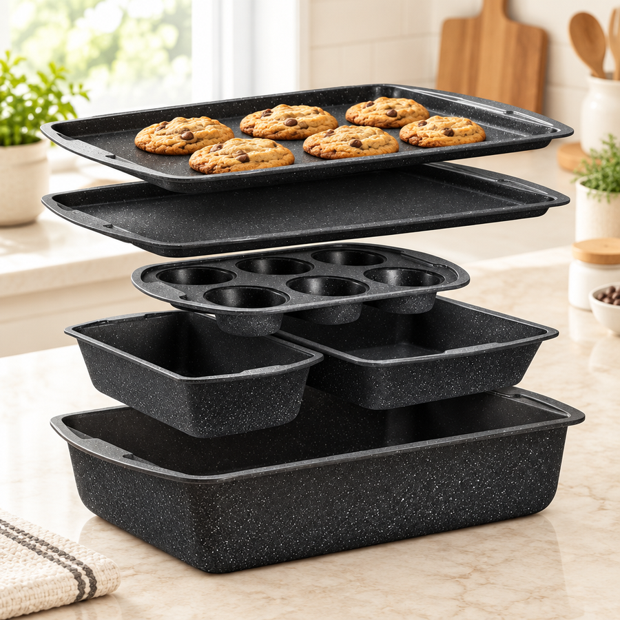 Bakken 6-Piece Stackable Bakeware Set, Gray Stone, styled in a kitchen