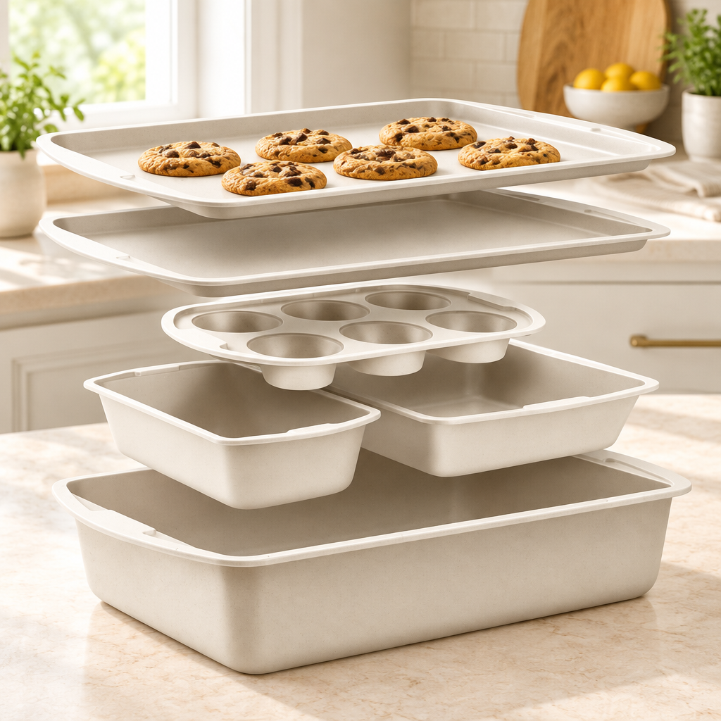 Bakken 6-Piece Stackable Bakeware Set, White Stone, styled in a kitchen