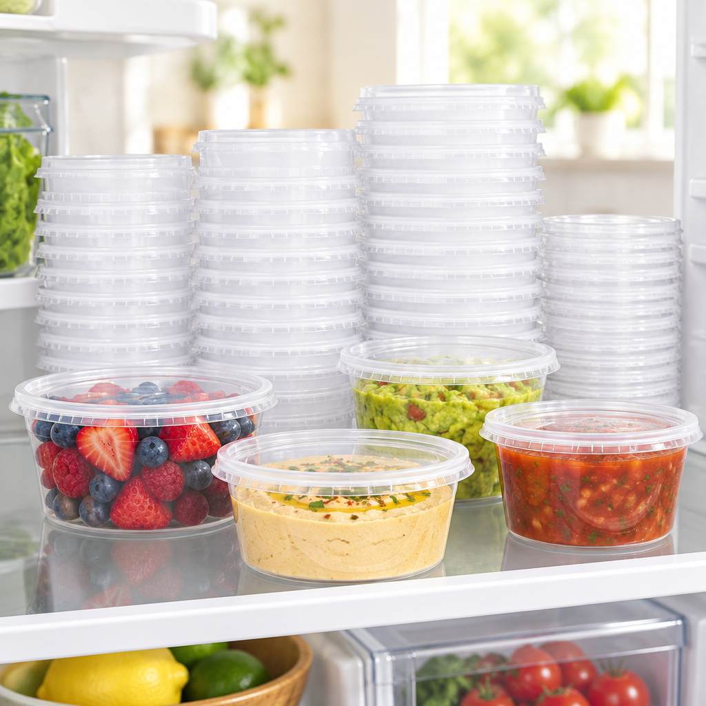 Bakken 8 oz Deli Containers with Lids, styled in a kitchen