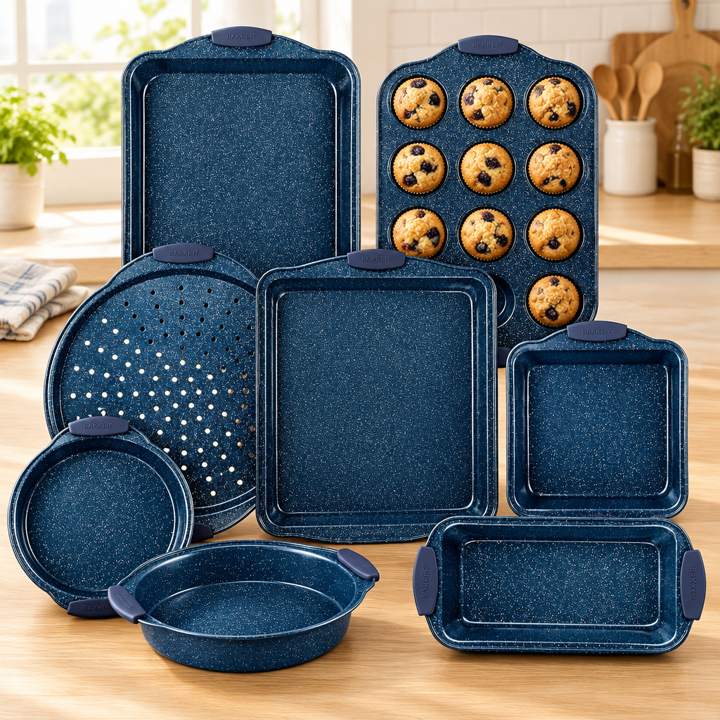 Bakken 8-Piece Bakeware Set, Gray with Blue Handles, styled in a kitchen