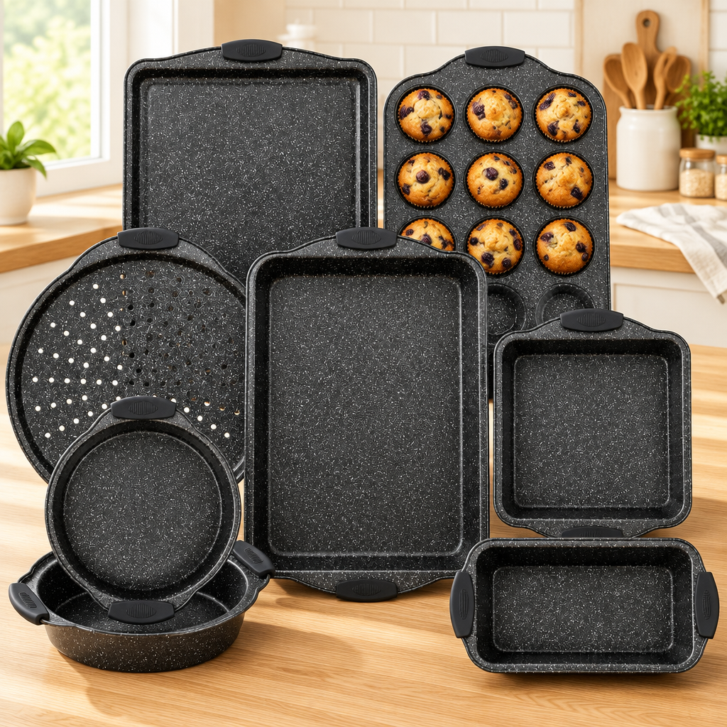 Bakken 8-Piece Bakeware Set, Gray Marble, styled in a kitchen