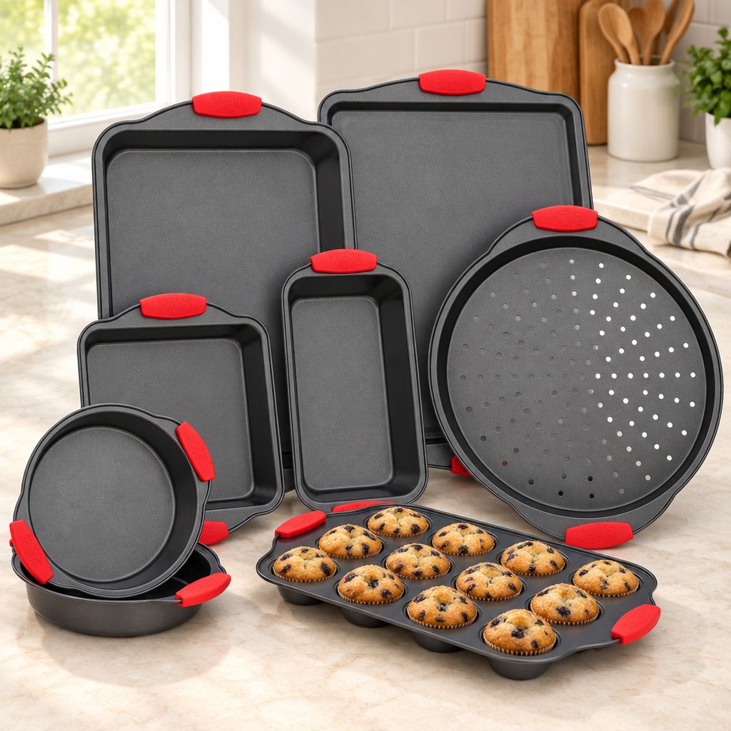 Bakken 8-Piece Bakeware Set, Gray with Red Handles, styled in a kitchen