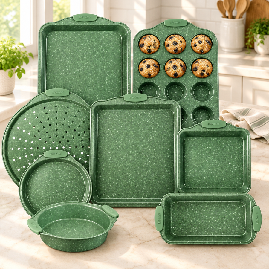 Bakken 8-Piece Bakeware Set, Green Marble, styled in a kitchen
