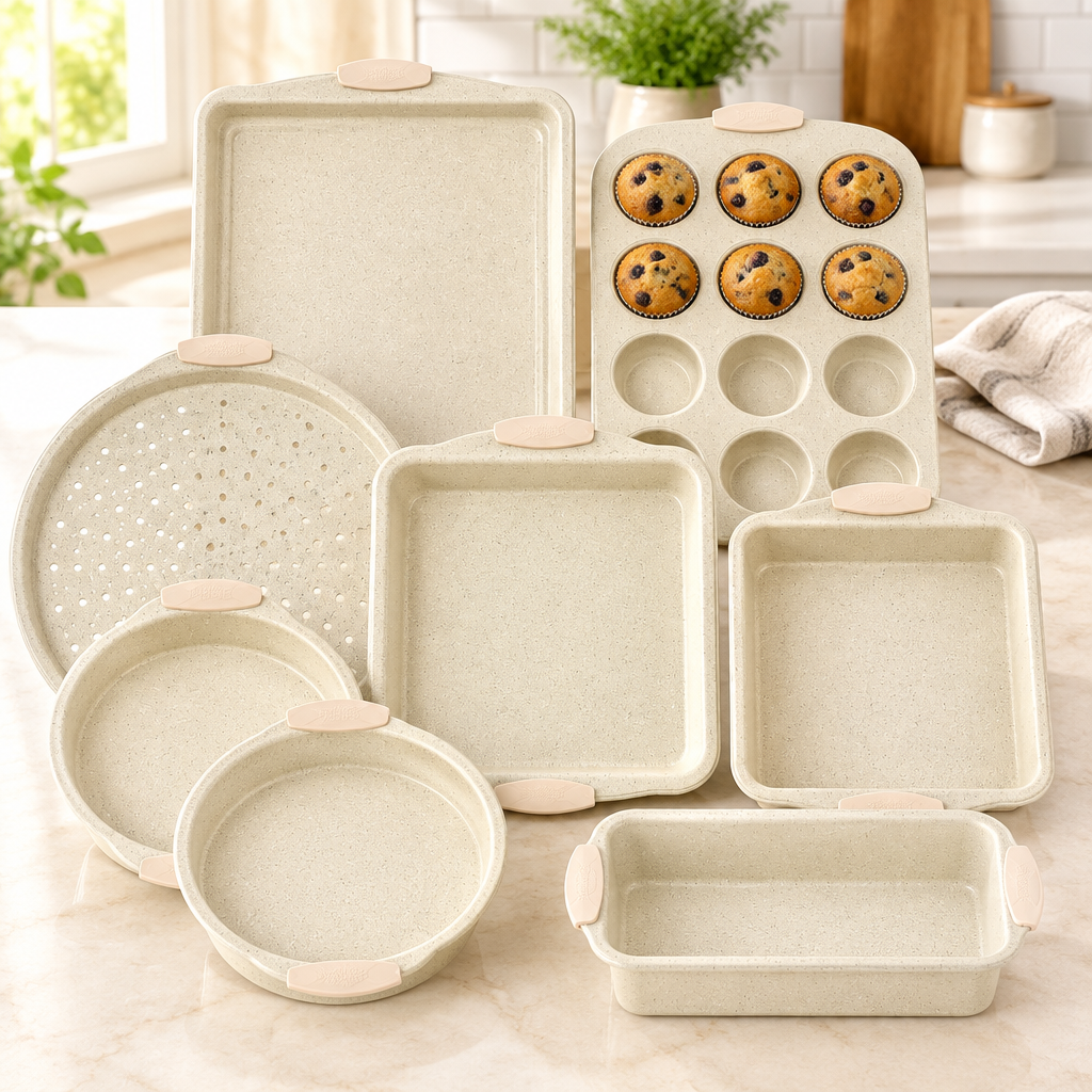 Bakken 8-Piece Bakeware Set, White Marble, styled in a kitchen