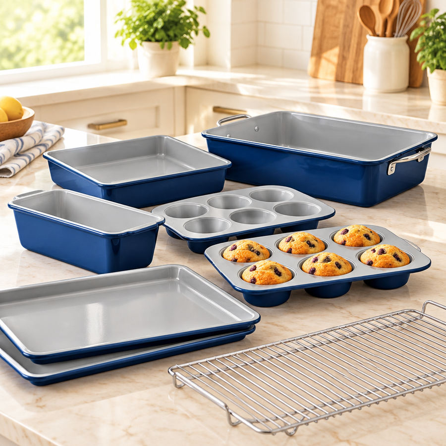 Bakken 8-Piece Ceramic Bakeware Set, Stackable, Blue, styled in a kitchen