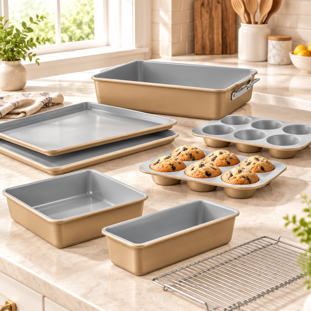 Bakken 8-Piece Ceramic Bakeware Set, Stackable, Gold, styled in a kitchen
