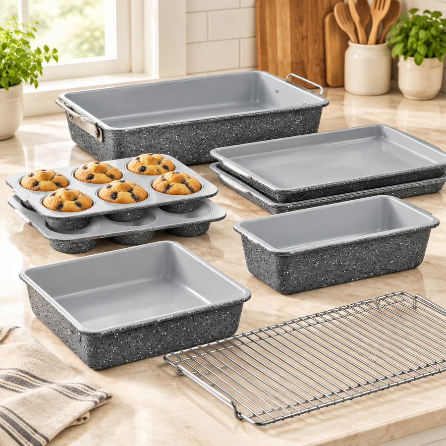 Bakken 8-Piece Ceramic Bakeware Set, Stackable, Marble, styled in a kitchen