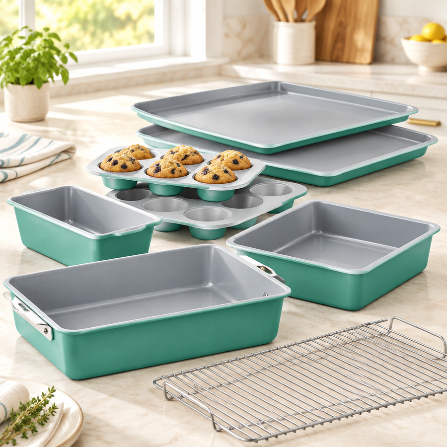 Bakken 8-Piece Ceramic Bakeware Set, Stackable, Teal, styled in a kitchen
