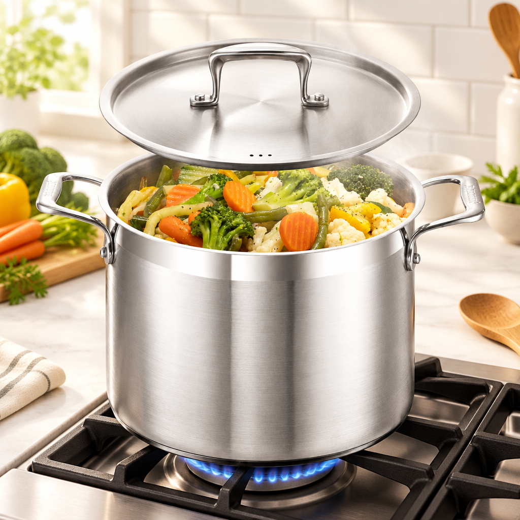Bakken 8 QT stainless steel stockpot on a stovetop