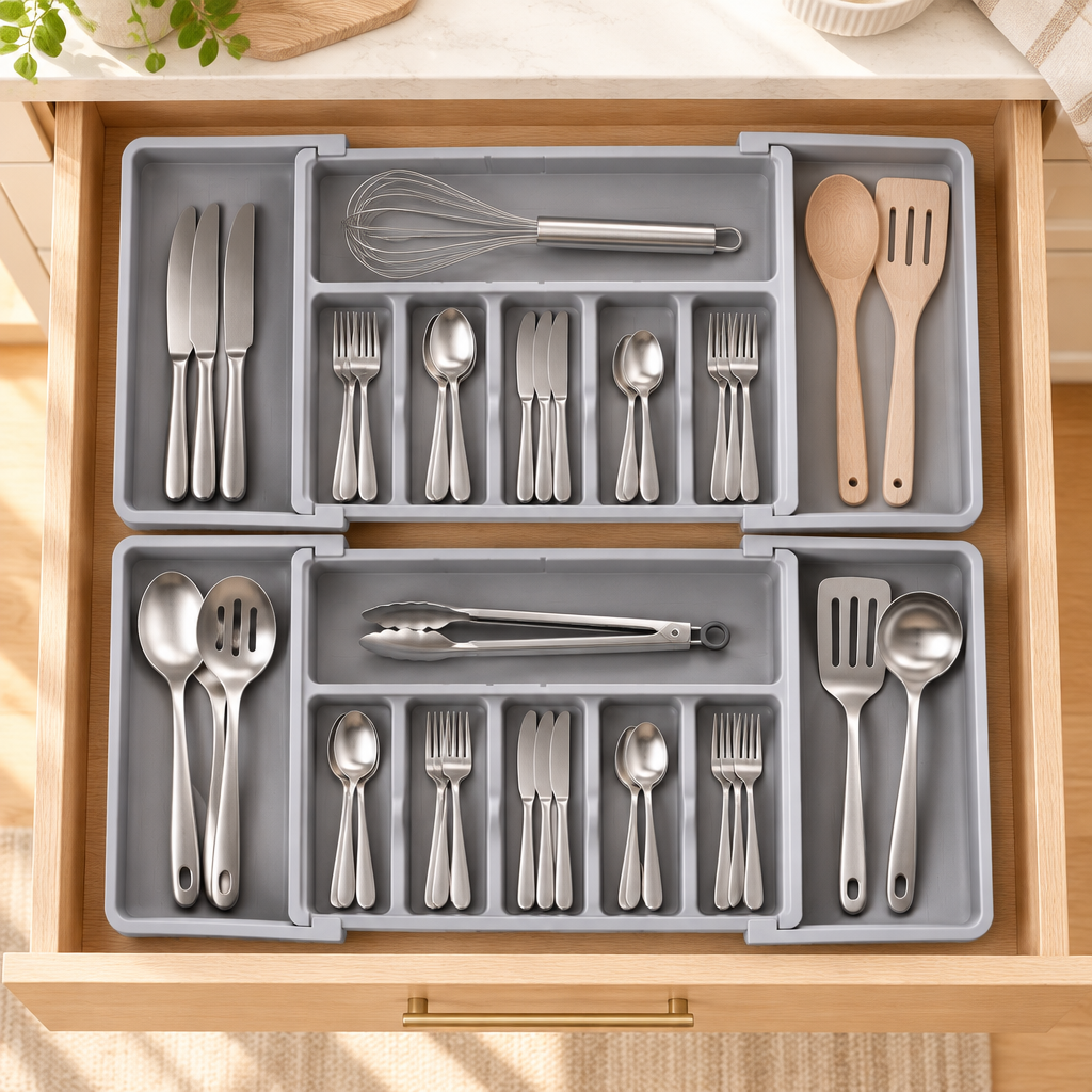 Bakken 8-Slot Expandable Drawer Organizer, 2-Pack, Gray, styled in a kitchen